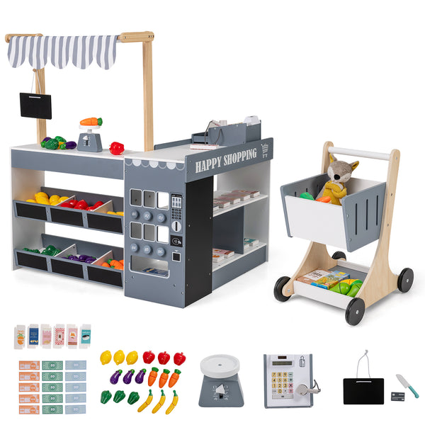 Kids Grocery Store Playset Wooden Pretend Play Supermarket with Shopping Cart