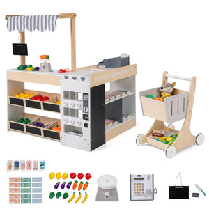 Kids Grocery Store Playset Wooden Pretend Play Supermarket with Shopping Cart