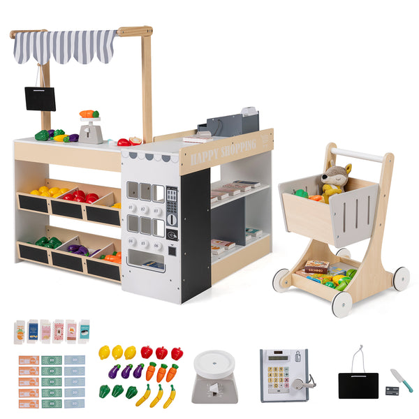 Kids Grocery Store Playset Wooden Pretend Play Supermarket with Shopping Cart