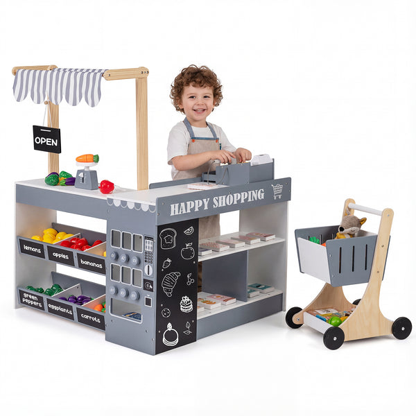 Kids Grocery Store Playset Wooden Pretend Play Supermarket with Shopping Cart