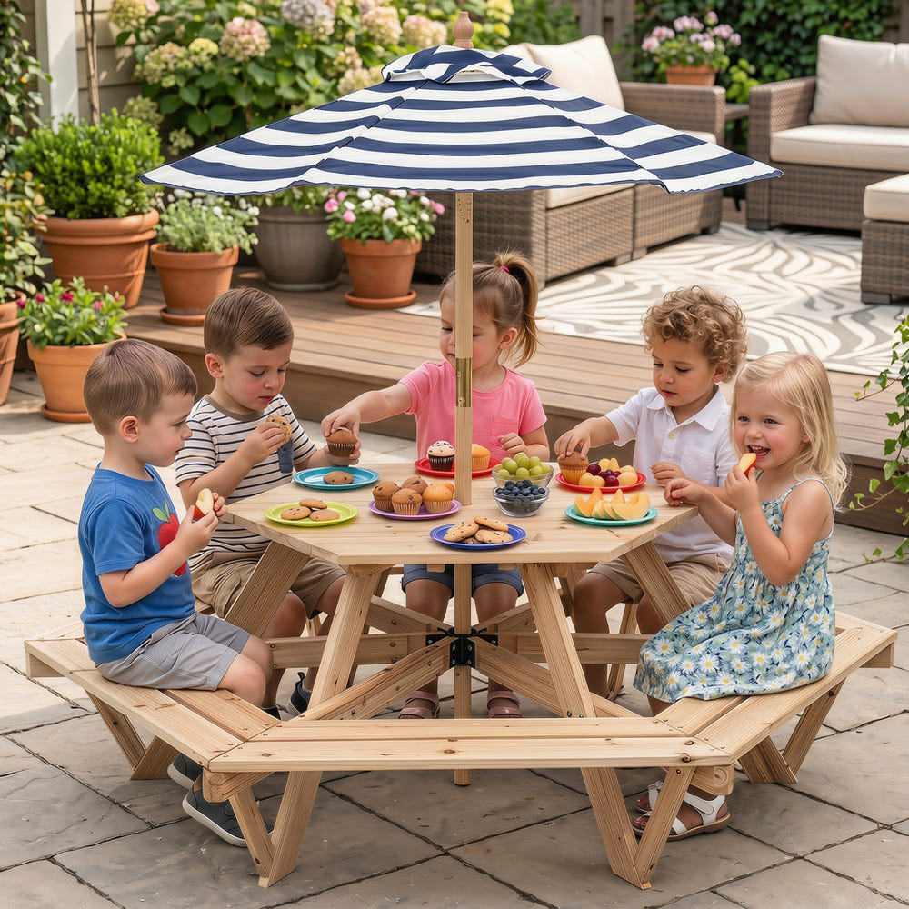 Kids Hexagonal Picnic Table with Adjustable Umbrella and Chairs-Natural
