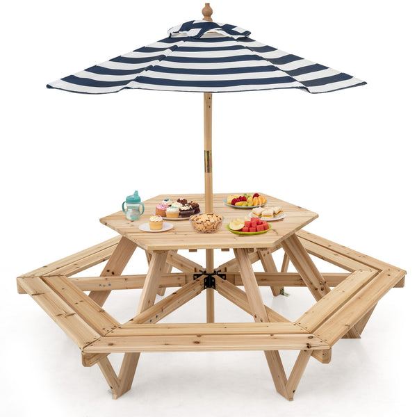 Kids Hexagonal Picnic Table with Adjustable Umbrella and Chairs-Natural