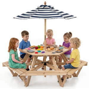 Kids Hexagonal Picnic Table with Umbrella and 6 Benches