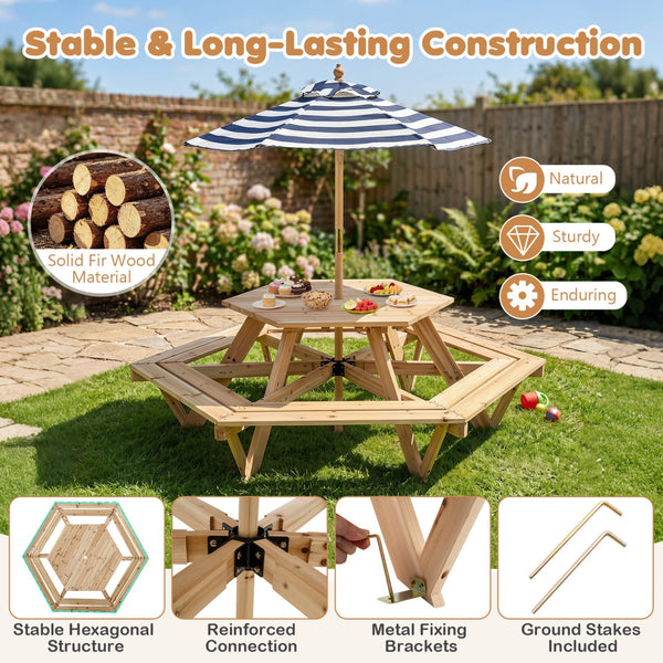 Kids Hexagonal Picnic Table with Umbrella and 6 Benches