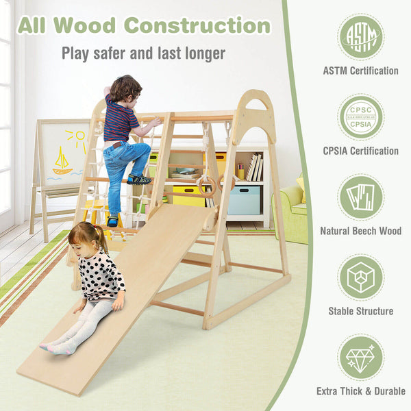 6-in-1 Wooden Kids Jungle Gym Playset with Slide Climbing Net