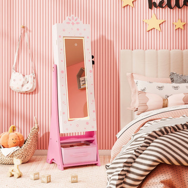 Kids Jewelry Armoire Freestanding Jewelry Cabinet with 3-Color Lighted Full Length Mirror-White