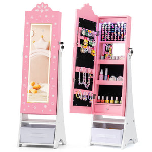 Kids Jewelry Armoire Freestanding Jewelry Cabinet with 3-Color Lighted Full Length Mirror-Pink