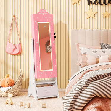 Kids Jewelry Armoire with lighted mirror, freestanding cabinet in pink for stylish storage and display.
