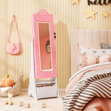 Kids Jewelry Armoire Freestanding Jewelry Cabinet with 3-Color Lighted Full Length Mirror-Pink