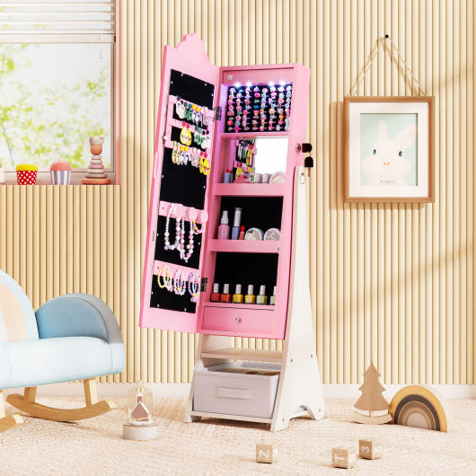 Kids Jewelry Armoire with lighted mirror, freestanding cabinet in pink for stylish storage and display.