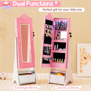 Kids Jewelry Armoire Freestanding Jewelry Cabinet with 3-Color Lighted Full Length Mirror-Pink