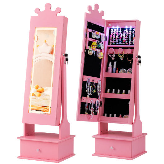 Pink kids jewelry armoire with 3-color lighted mirror and LED lights, angled view showcasing stylish storage for accessories.