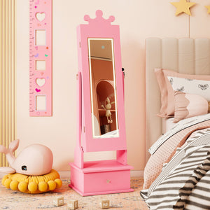 Kids jewelry armoire with pink lighted full-length mirror and LED lights, perfect for young girls' vanities.