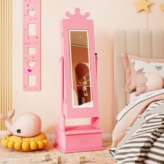 Kids jewelry armoire with pink lighted full-length mirror and LED lights, perfect for young girls' vanities.