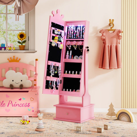 Kids jewelry armoire with pink lighted full-length mirror and LED lights, perfect for young girls' vanities.