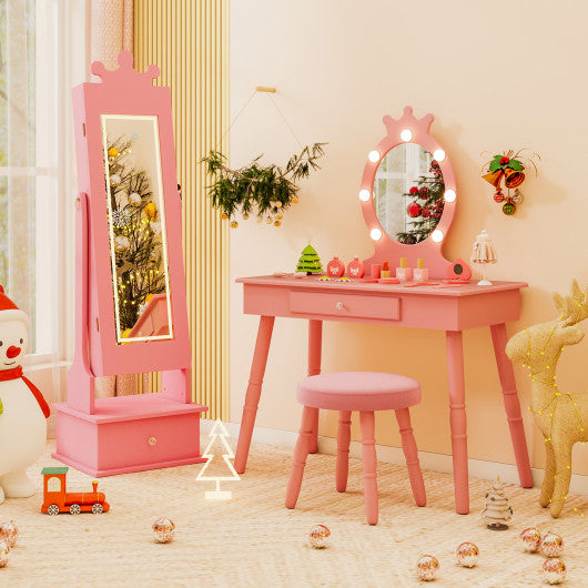 Kids jewelry armoire with pink lighted mirror and LED lights, perfect for organizing accessories in style.