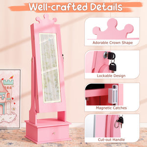 Kids jewelry armoire with pink lighted full-length mirror and LED lights, perfect for little ones' vanity setup.