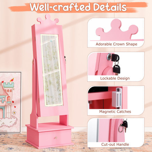 Kids jewelry armoire with pink lighted full-length mirror and LED lights, perfect for little ones' vanity setup.