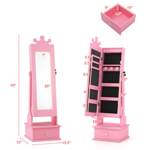 Kids Jewelry Armoire with lighted mirror and LED lights in pink, perfect for kids' vanities. Angle 4 view.