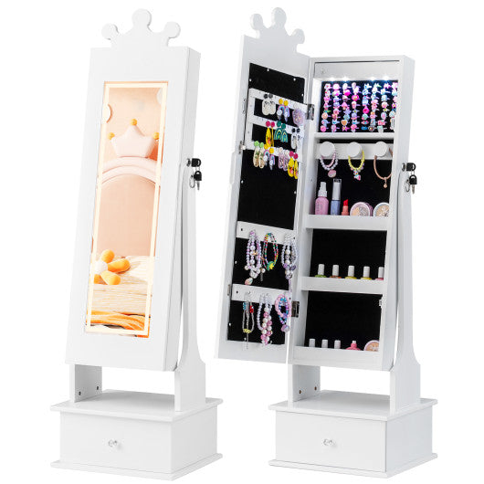 Kids Jewelry Armoire with 3-Color Lighted Full Length Mirror and Inside Led Lights-White