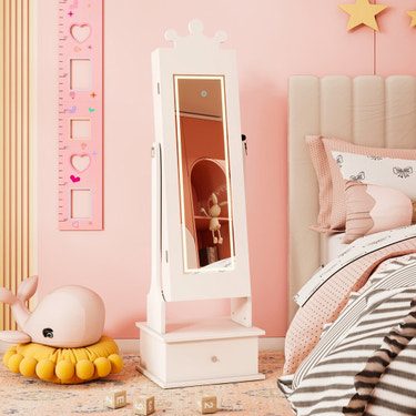 Kids Jewelry Armoire with 3-Color Lighted Full Length Mirror and Inside Led Lights-White