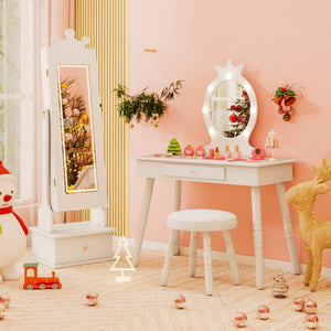 Kids Jewelry Armoire with 3-Color Lighted Full Length Mirror and Inside Led Lights-White