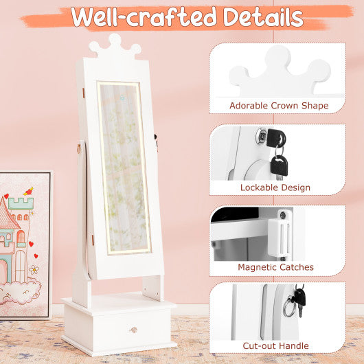 Kids Jewelry Armoire with 3-Color Lighted Full Length Mirror and Inside Led Lights-White