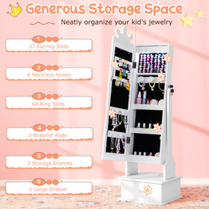 Kids Jewelry Armoire with 3-Color Lighted Full Length Mirror and Inside Led Lights-White
