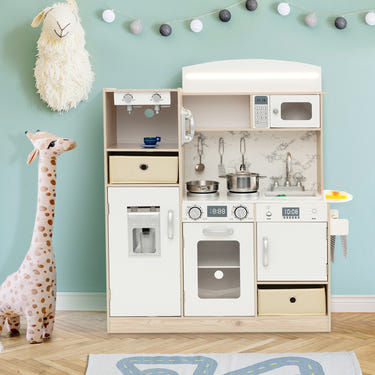 Kids Kitchen Playset with Adjustable LED Lights Removable Fabric Bins