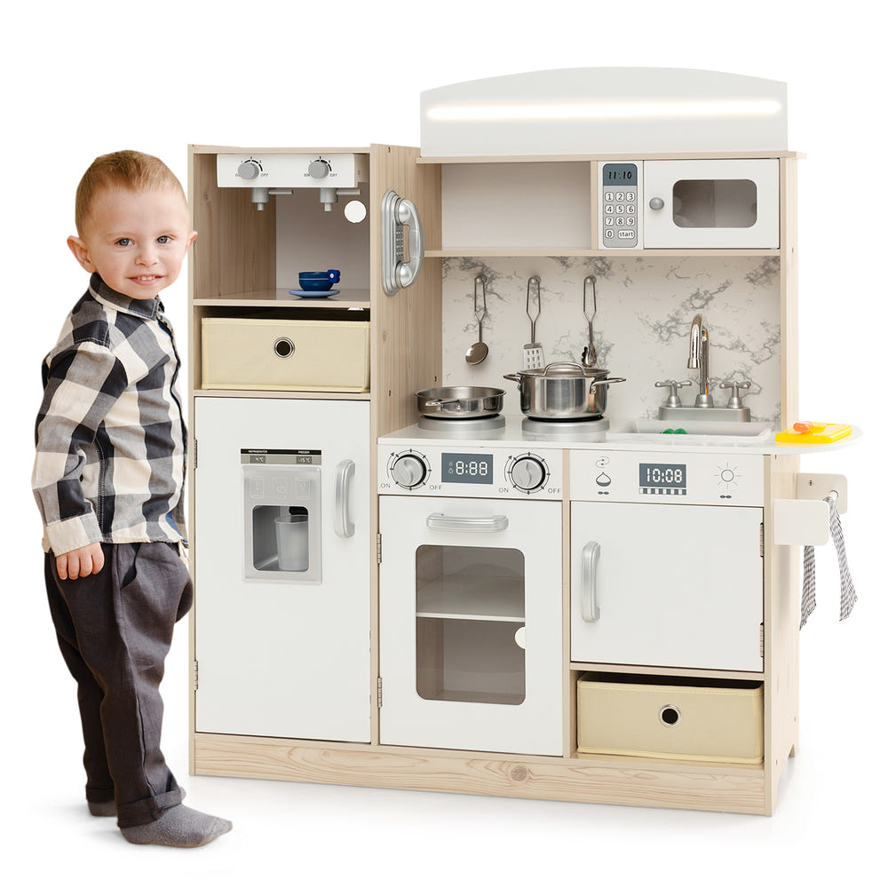 Kids Kitchen Playset with Adjustable LED Lights Removable Fabric Bins