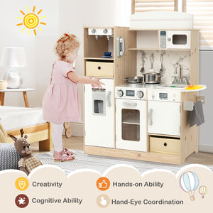 Kids Kitchen Playset with Adjustable LED Lights Removable Fabric Bins