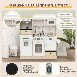 Kids Kitchen Playset with Adjustable LED Lights Removable Fabric Bins