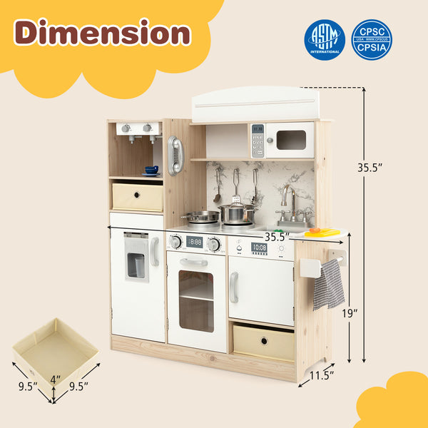 Kids Kitchen Playset with Adjustable LED Lights Removable Fabric Bins
