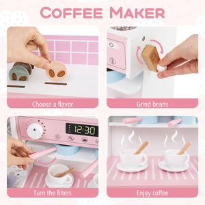 Kids Kitchen Set Wooden with Coffee Makers and Accessories