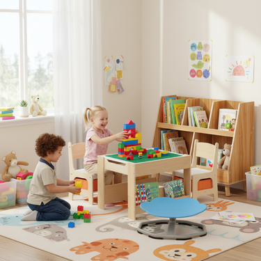 Kids Learning & Play Essentials Bundle â Bookshelf + 4-in-1 Activity Table Set + 360Â° Swivel Chair