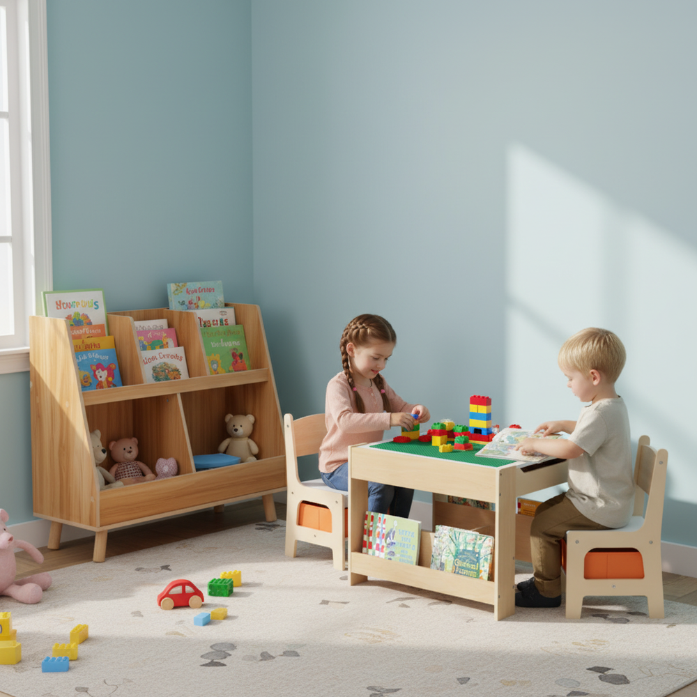 Kids Learning & Play Essentials Bundle â Bookshelf + 4-in-1 Activity Table Set + 360Â° Swivel Chair