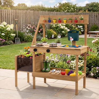 Kids Mud Kitchen Wooden Play Kitchen with Planter Box-Natural