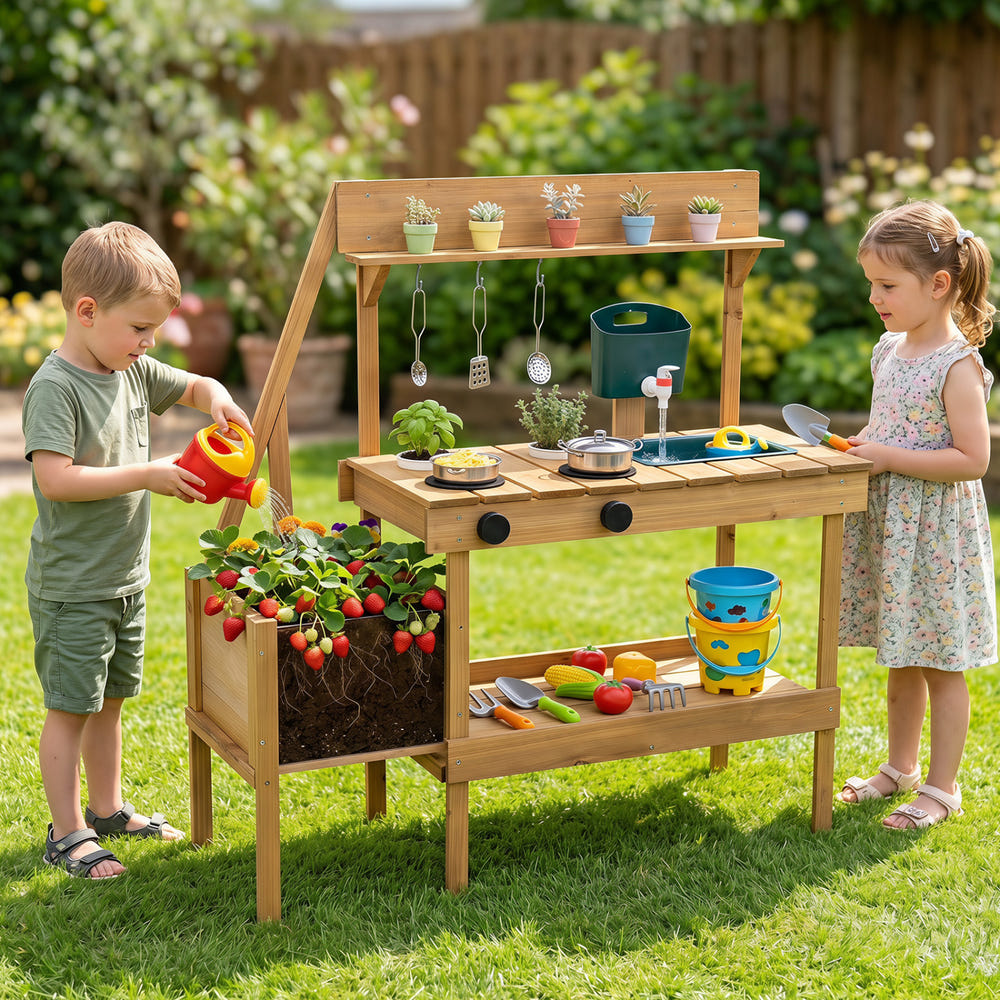Kids Mud Kitchen Wooden Play Kitchen with Planter Box-Natural