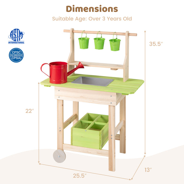 Kids Mud Kitchen with Removable Pots  Watering Can Planting Trough and Storage Box-Natrual