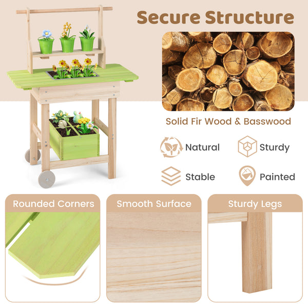 Kids Mud Kitchen with Removable Pots  Watering Can Planting Trough and Storage Box-Natrual