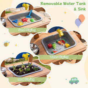 Kids Mud Kitchen with Water Tank and Sink and 15 Accessories for Ages 3+-Natural