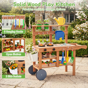 Kids Mud Kitchen with Water Tank and Sink and 15 Accessories for Ages 3+-Natural