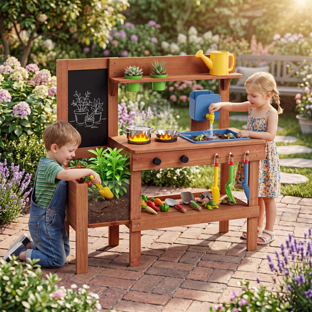 Kids Mud Kitchen with Planter Box and Sink and 13 Accessories for Ages 3+-Natural