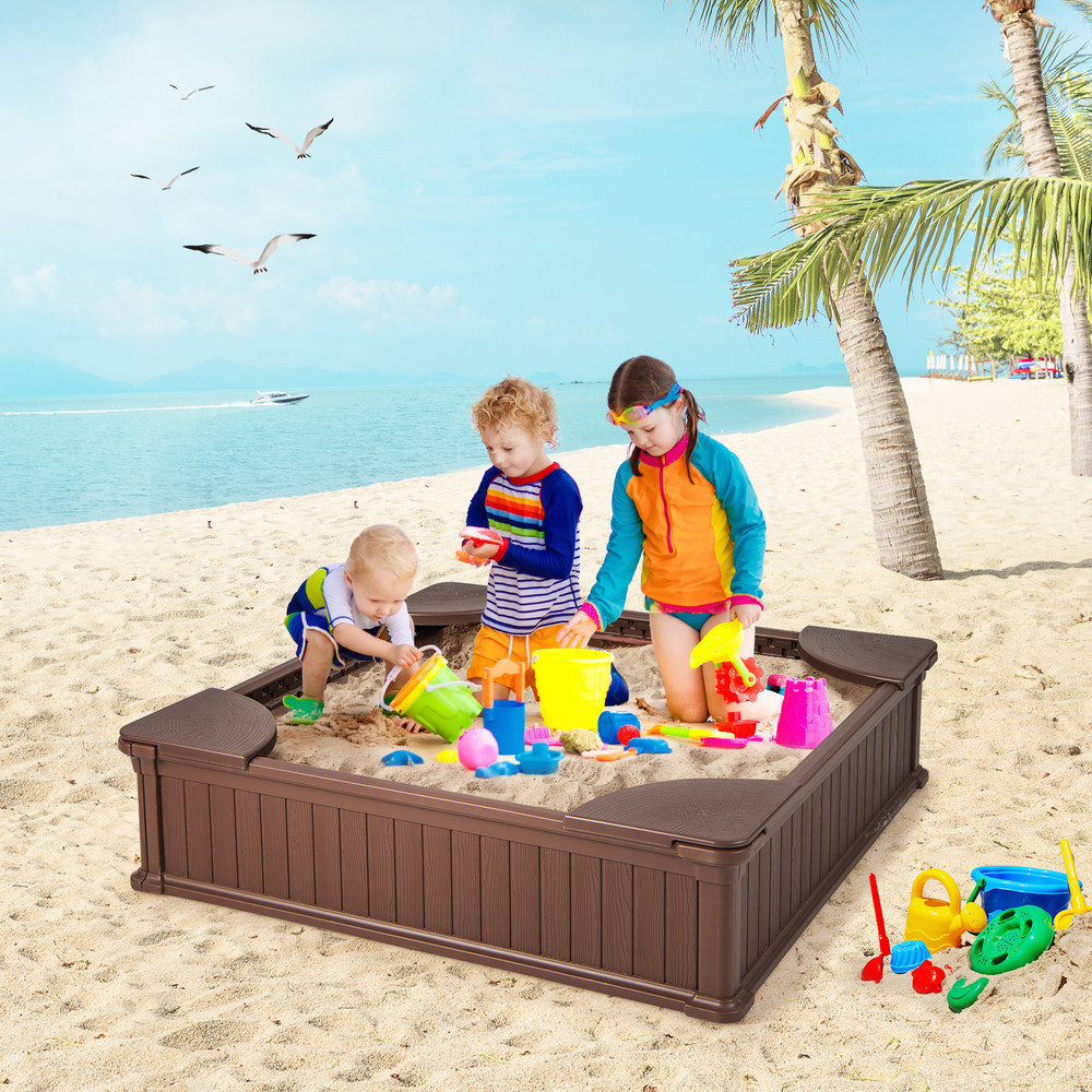 Kids Outdoor Sandbox with Oxford Cover and 4 Corner Seats
