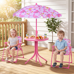 Kids Outdoor Table and Chair Set with 2 Folding Chairs and Height Adjustable Umbrella