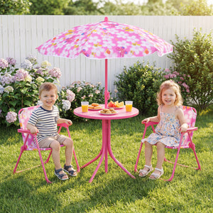 Kids Outdoor Table and Chair Set with 2 Folding Chairs and Height Adjustable Umbrella