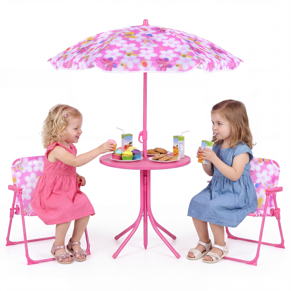 Kids Outdoor Table and Chair Set with 2 Folding Chairs and Height Adjustable Umbrella