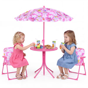 Kids Outdoor Table and Chair Set with 2 Folding Chairs and Height Adjustable Umbrella