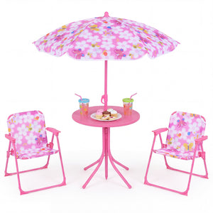 Kids Outdoor Table and Chair Set with 2 Folding Chairs and Height Adjustable Umbrella