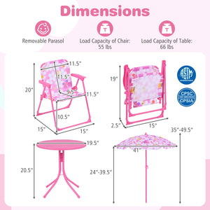 Kids Outdoor Table and Chair Set with 2 Folding Chairs and Height Adjustable Umbrella